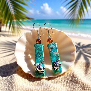 OOAK Sea Sediment Jasper & Sea Turtles Earrings! Tranquility Relaxation Vacation